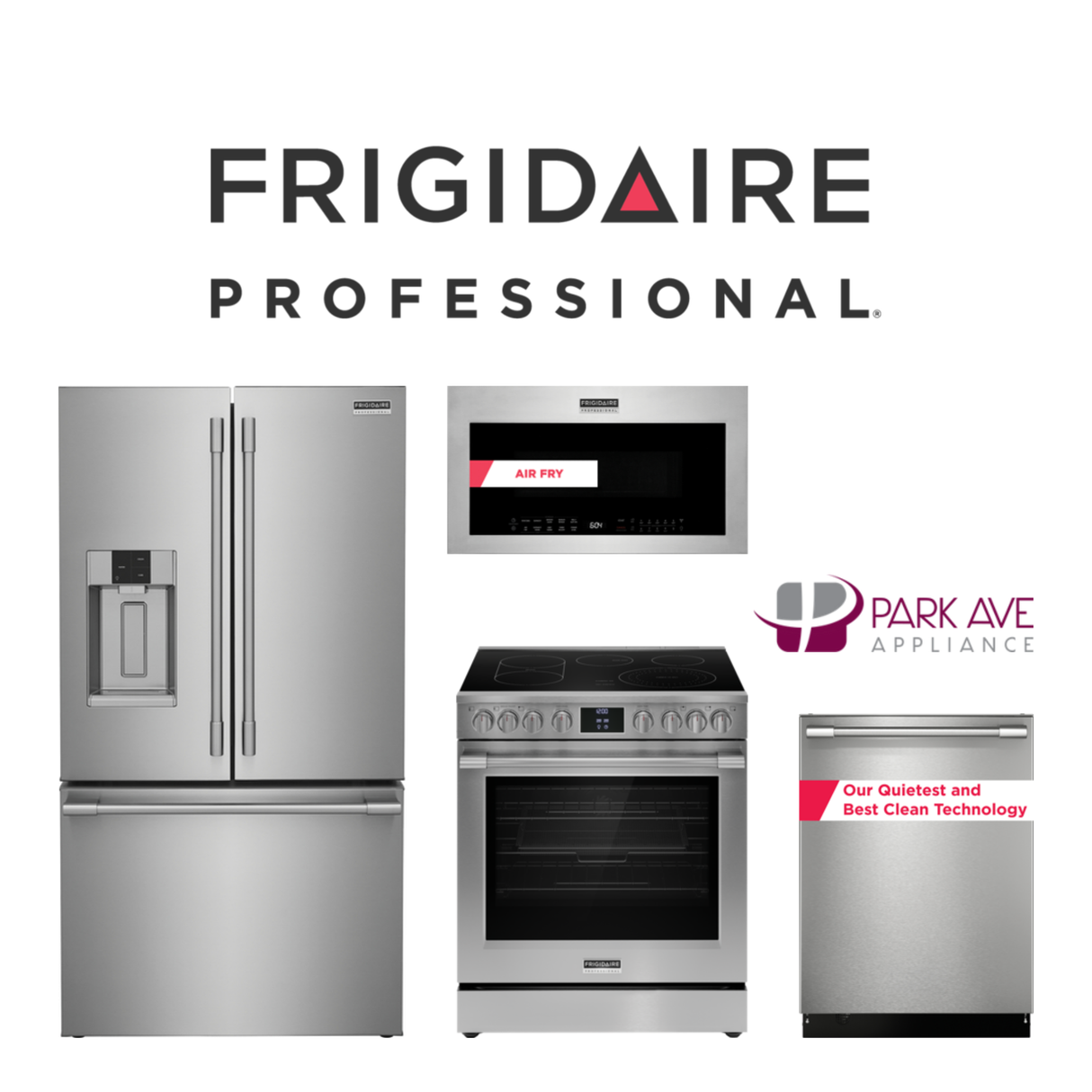 Frigidaire Professional 4 Piece Kitchen Package with Air Fry OTR and Quiet Dishwasher
