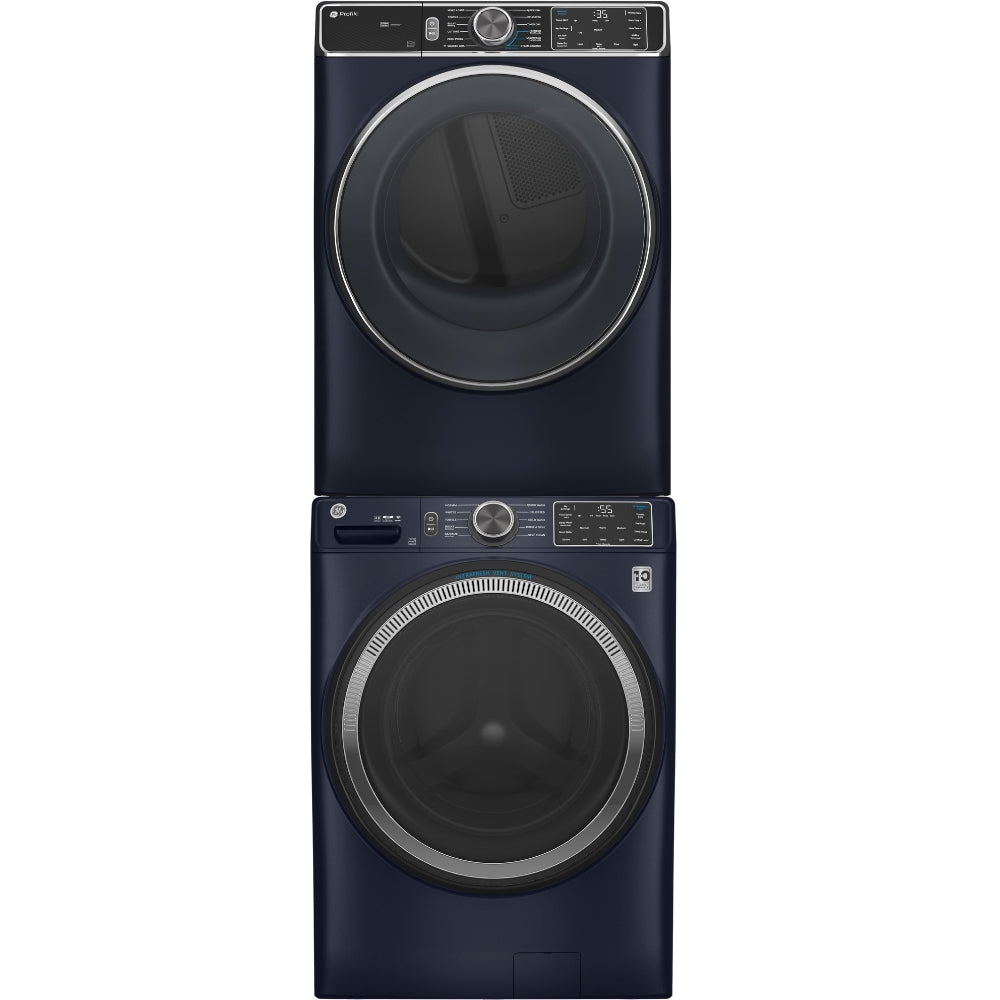 GE Appliances Sapphire Blue Front Load Washer & Gas Dryer Side-by-Side Set with Stacking Kit