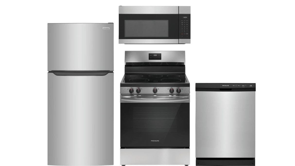 4-Piece Kitchen Appliance Bundle with Top Freezer Refrigerator, Electric Range, Built-In Dishwasher and Over-The-Range Microwave in Stainless Steel
