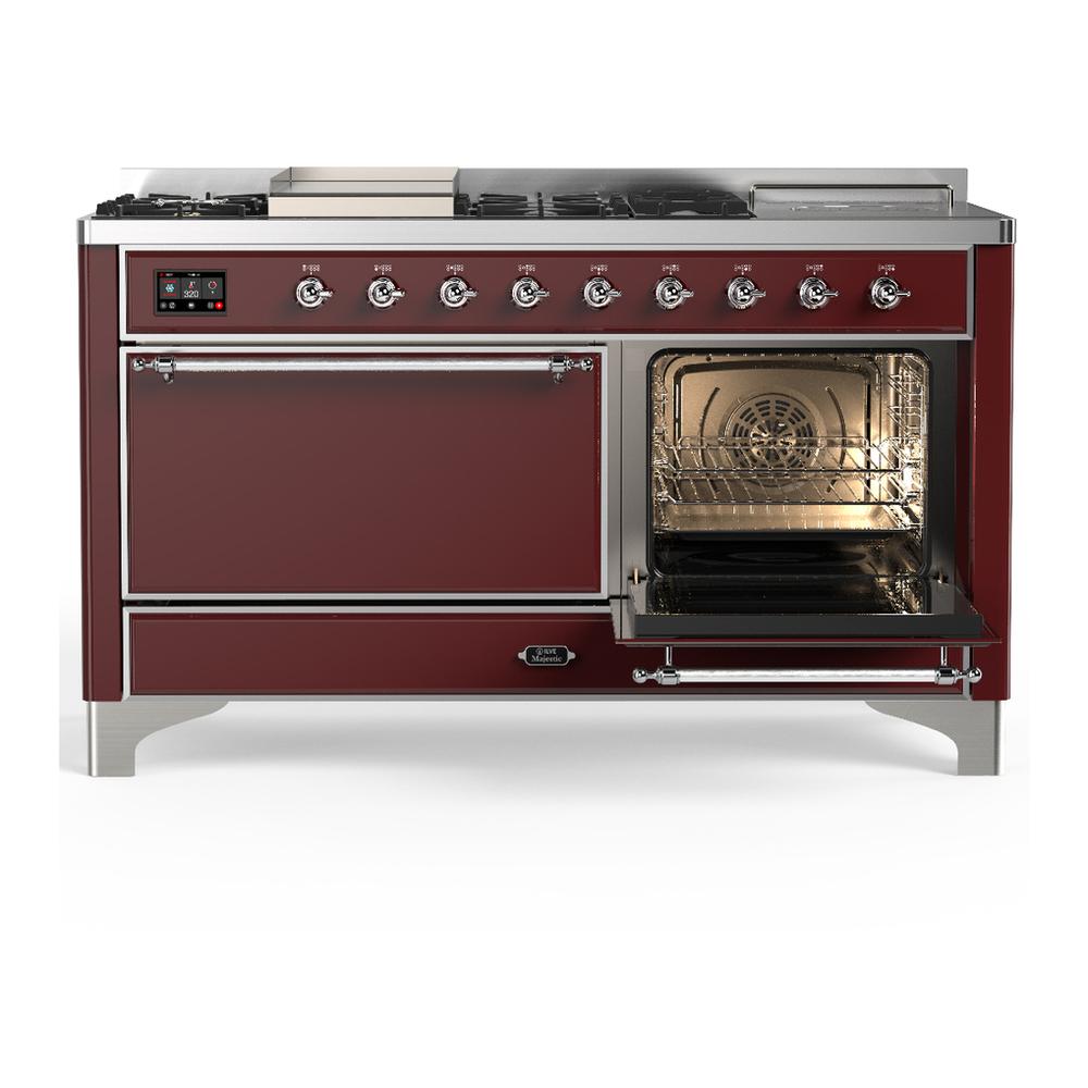 ILVE UM60FSQNR3BUCLP Majestic III 60 inch Dual Fuel Range with 7 Burners, Griddle and French Top, Dual Function Burner with up to 25,000 BTU (Liquid Propane, Solid Door, Burgundy, Chrome)