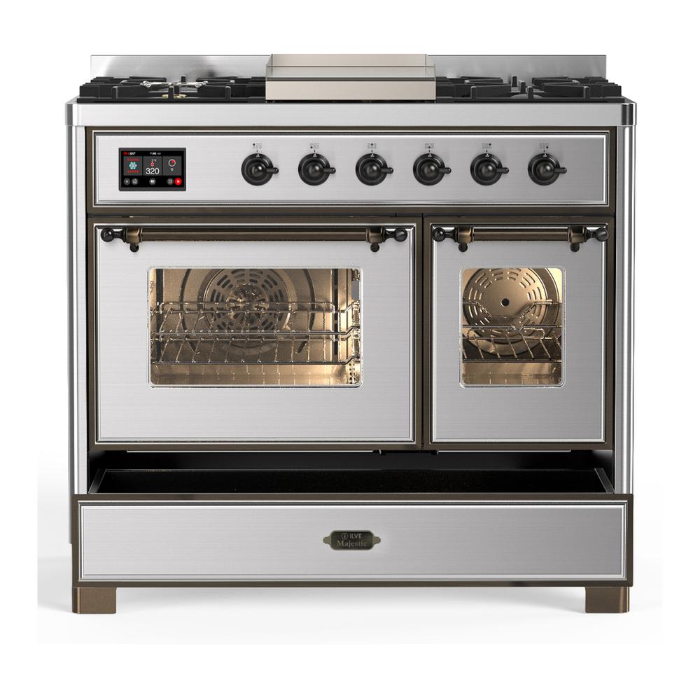 ILVE UMD40FNR3SSBLP Majestic III 40 inch Dual Fuel Range with 6 Burners and Griddle, Dual Function Burner up to 25,000 BTU (Liquid Propane, Triple Glass Door, Stainless Steel, Burnished)