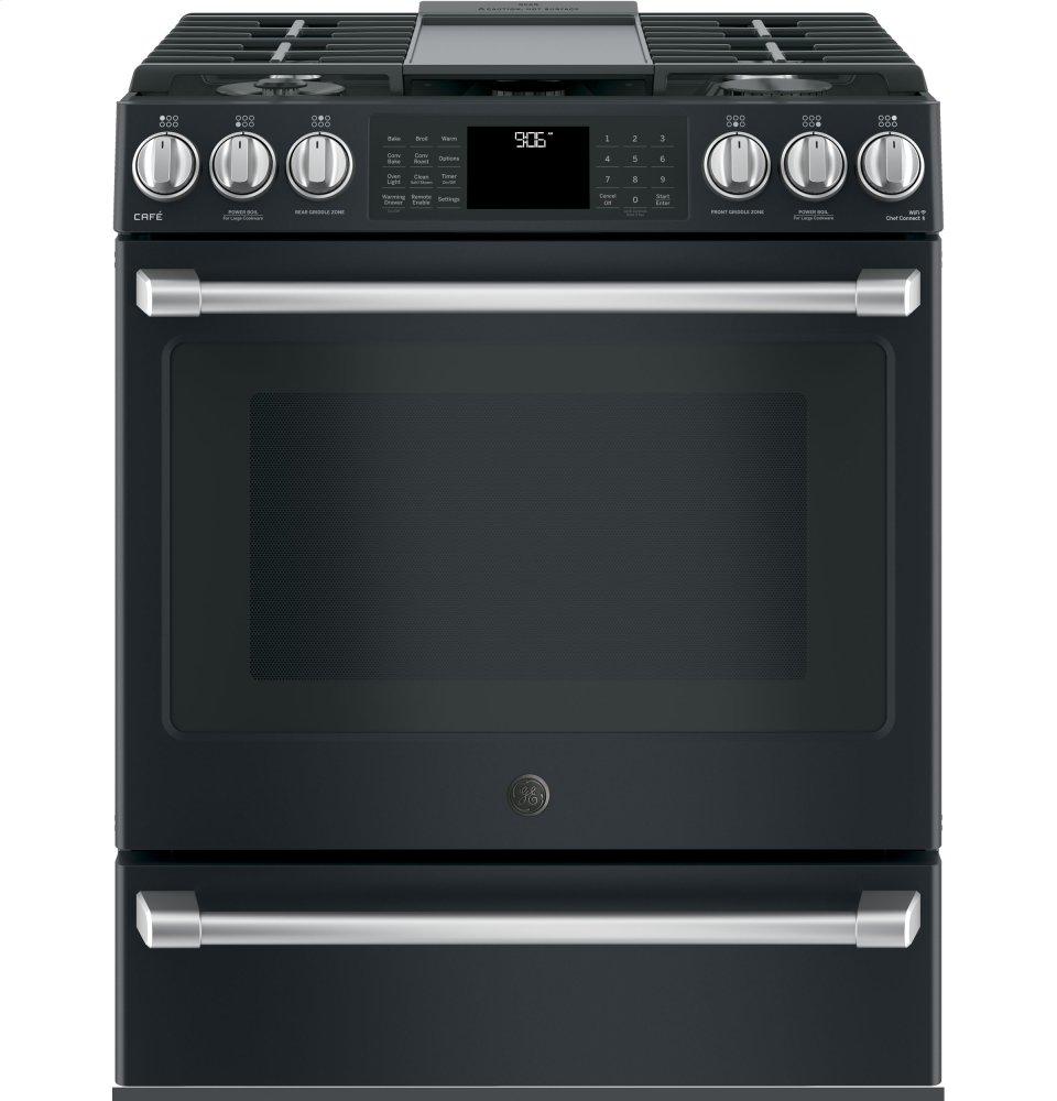 GE Café Series 30" Slide-In Front Control Range with Warming Drawer