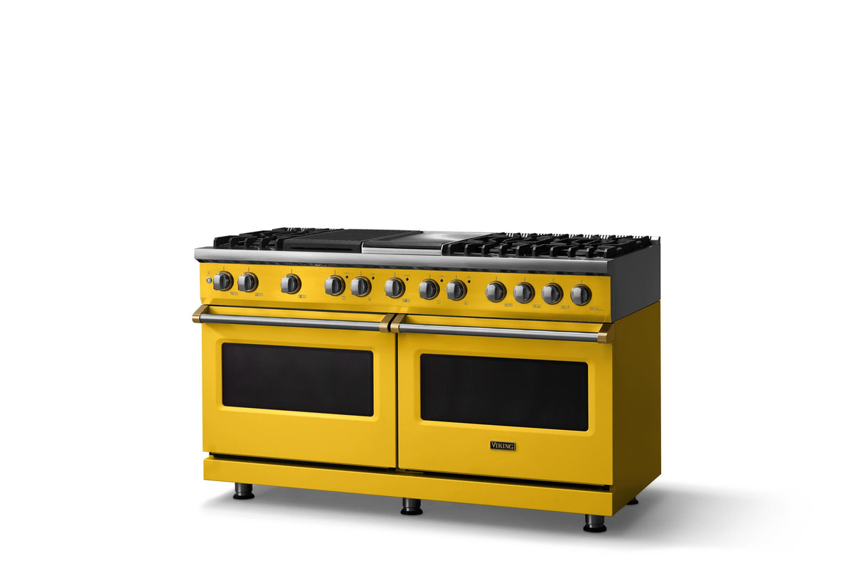60"W.Dual Fuel Range (Finish: Daffodil, Trim: Brushed Brass, Fuel: Natural Gas)