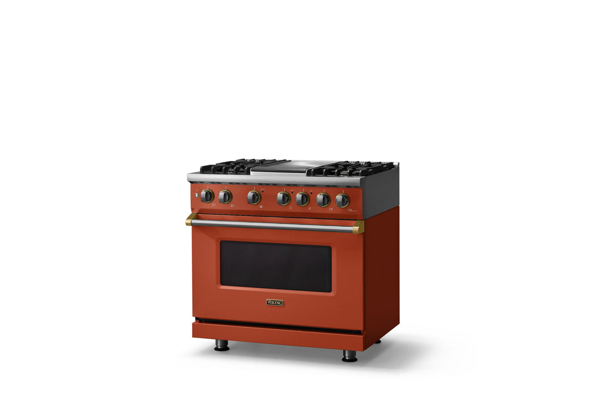 36"W. Dual Fuel Range (Burner: 4g, Finish: Spiced Cider, Trim: Polished Chrome, Fuel: Propane)