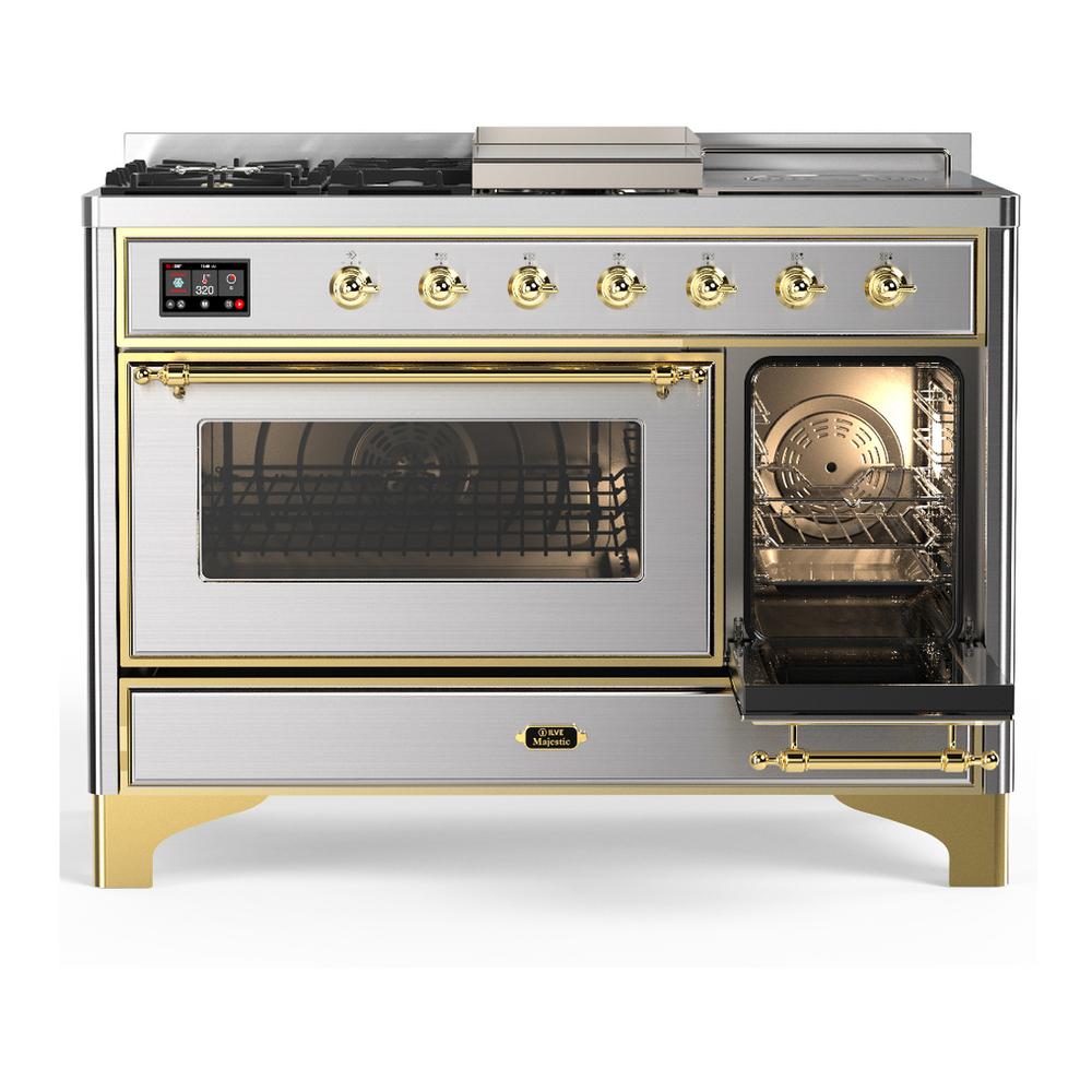 ILVE UM48FSNR3SSGLP Majestic III 48 inch Dual Fuel Range with 5 Black Brass Burners, Griddle and French Top, Dual Function Burner up to 25,000 BTU (Liquid Propane, Triple Glass Door, Stainless Steel, Brass)