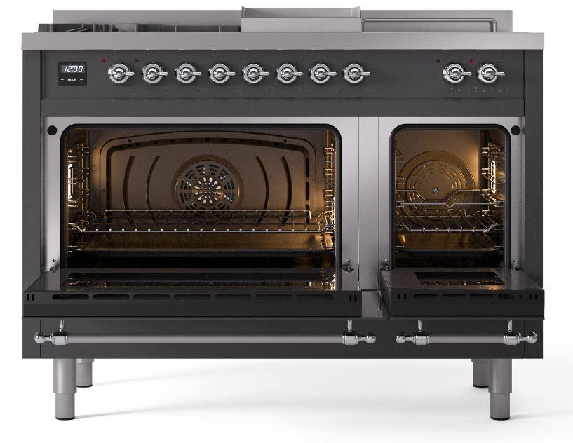 Nostalgie II 48 Inch Dual Fuel Natural Gas Freestanding Range in Matte Graphite with Chrome Trim