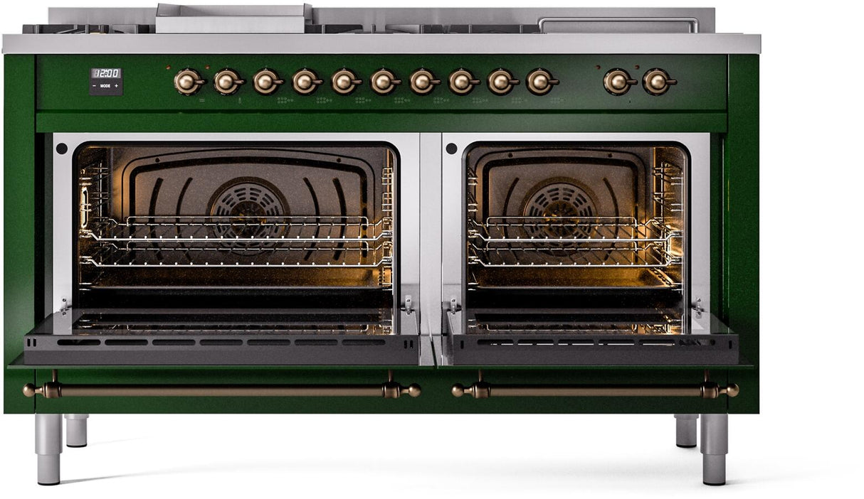 Nostalgie II 60 Inch Dual Fuel Natural Gas Freestanding Range in Emerald Green with Bronze Trim