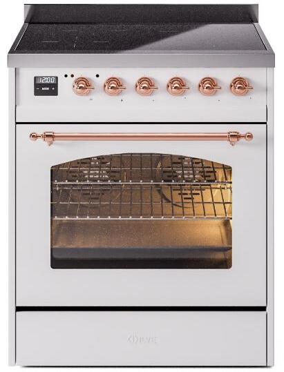 Nostalgie II 30 Inch Electric Freestanding Range in White with Copper Trim