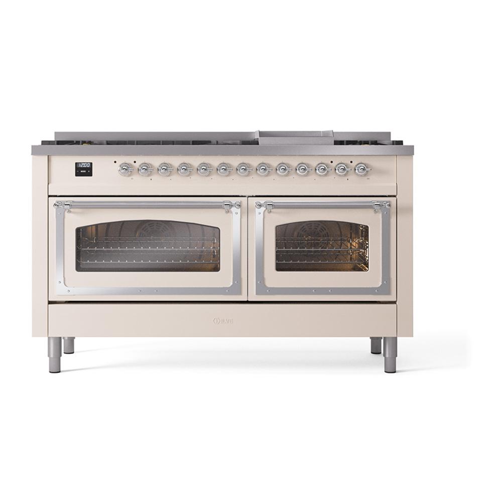 ILVE UN60FNMPAWC Nostalgie II Noblesse 60 inch Dual Fuel Range (9 Sealed Burners + Griddle, Natural Gas, Triple Glass Door, Antique White, Chrome)