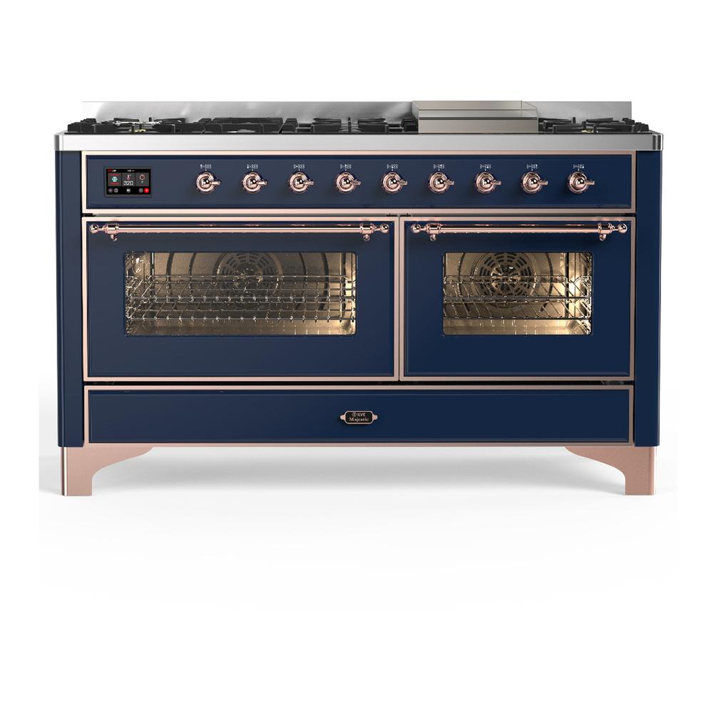 ILVE UM60FNR3MBPLP Majestic III 60 inch Dual Fuel Range with 9 Burners and Griddle, Dual Function Burner up to 25,000 BTU (Liquid Propane, Triple Glass Door, Midnight Blue, Copper)