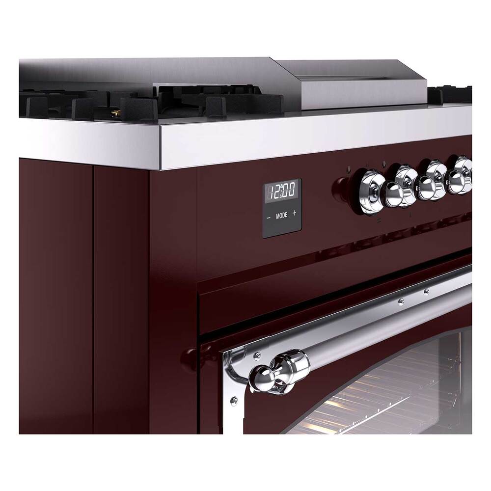 ILVE UN60FSNMPBUC Nostalgie II Noblesse 60 inch Dual Fuel Range (7 Sealed Burners + Griddle + French Top, Natural Gas, Triple Glass Door, Burgundy, Chrome)