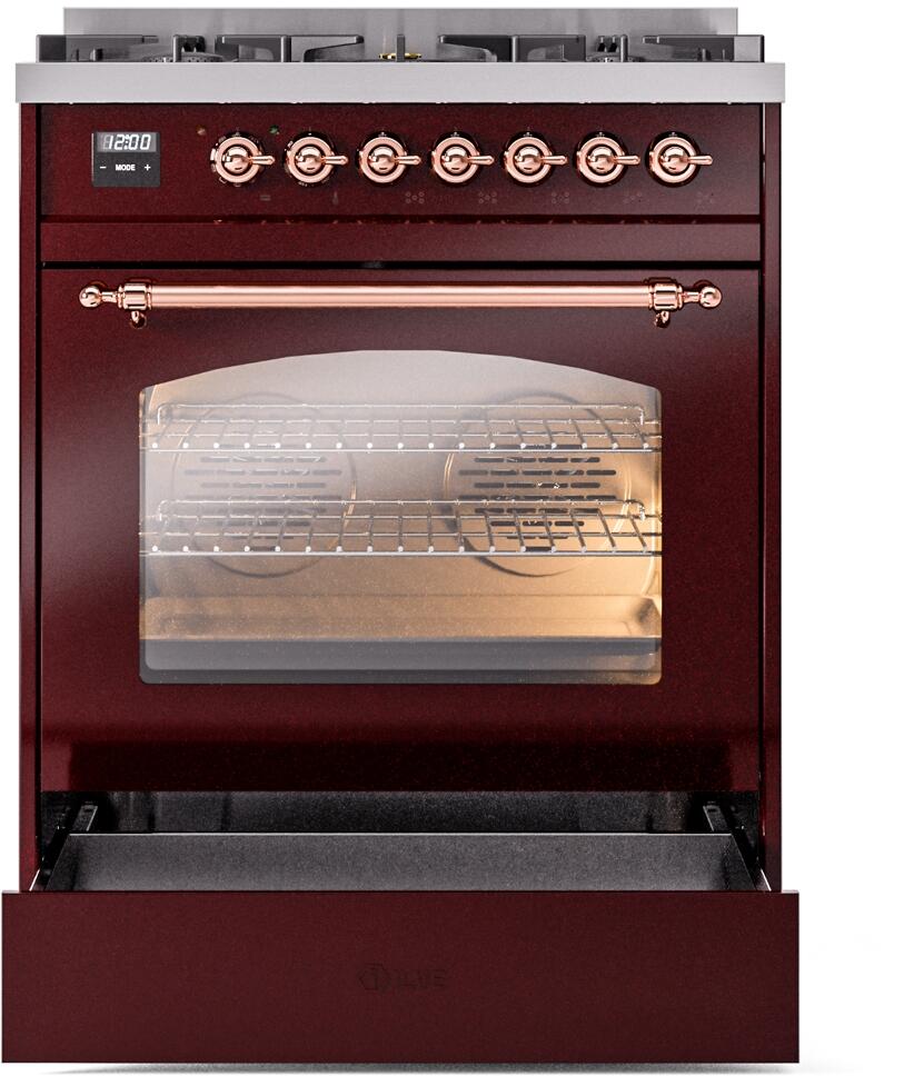 Nostalgie II 30 Inch Dual Fuel Natural Gas Freestanding Range in Burgundy with Copper Trim