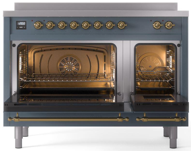 Nostalgie II 48 Inch Electric Freestanding Range in Blue Grey with Brass Trim
