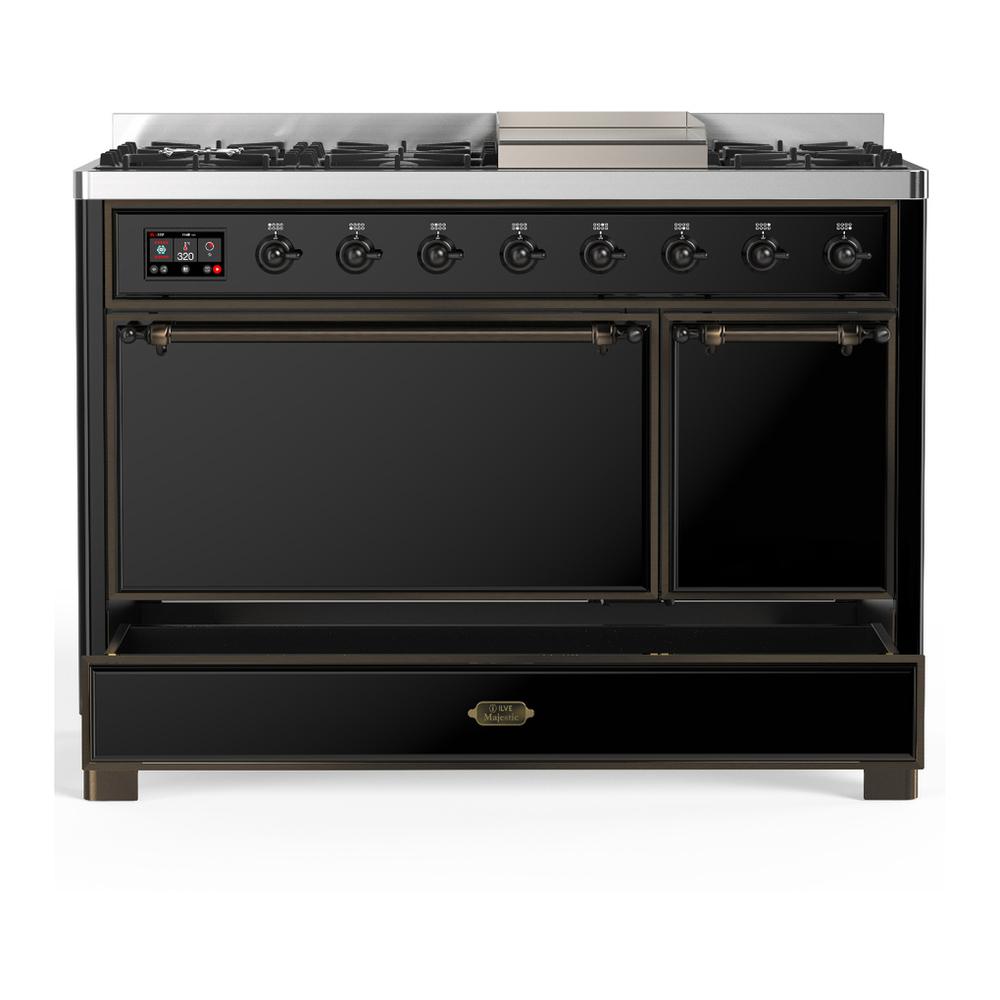 ILVE UM48FQNR3BKB Majestic III 48 inch Dual Fuel Range with 8 Burners and Griddle, Dual Function Burner up to 25,000 BTU (Natural Gas, Solid Door, Glossy Black, Burnished)