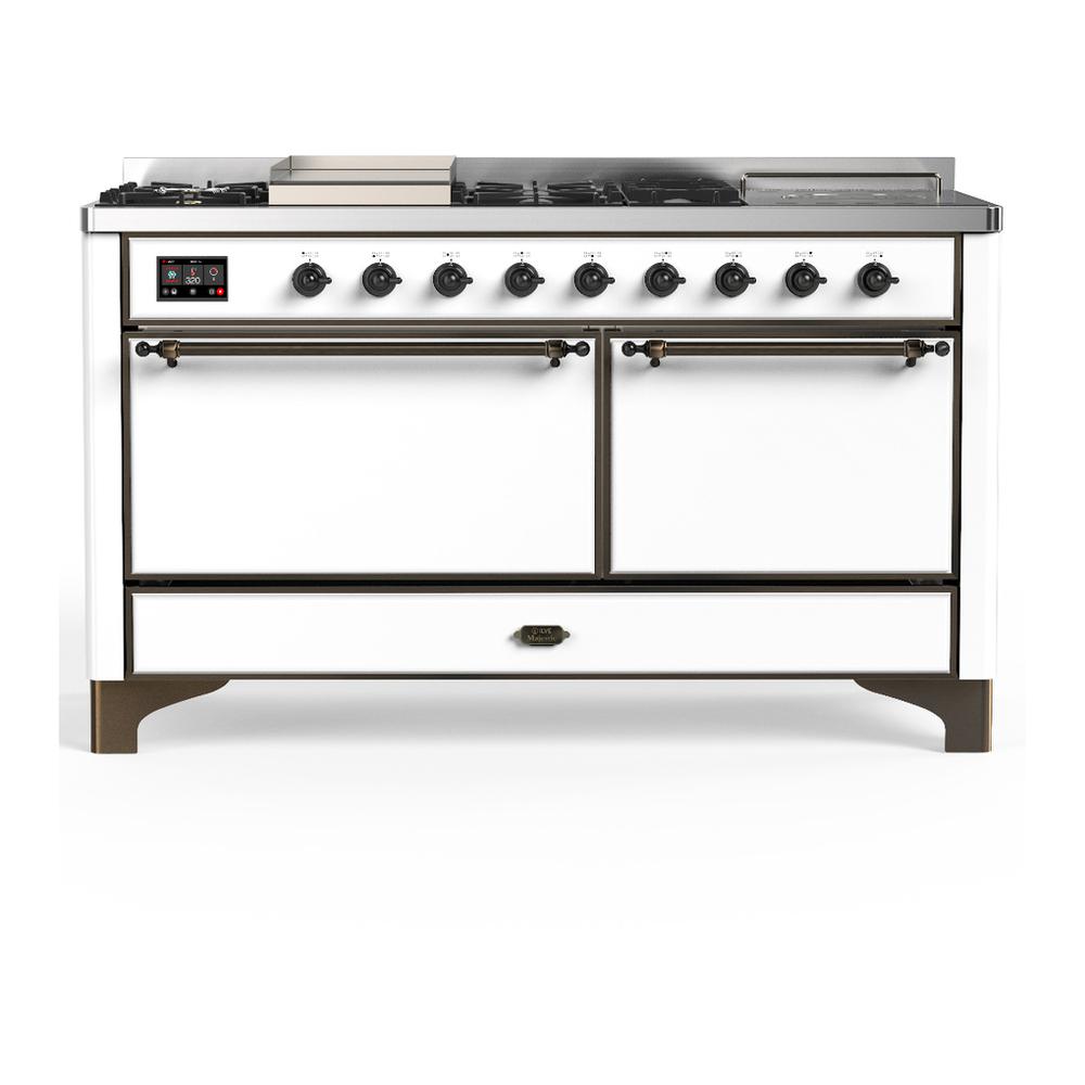 ILVE UM60FSQNR3WHB Majestic III 60 inch Dual Fuel Range with 7 Burners, Griddle and French Top, Dual Function Burner with up to 25,000 BTU (Natural Gas, Solid Door, White, Burnished)
