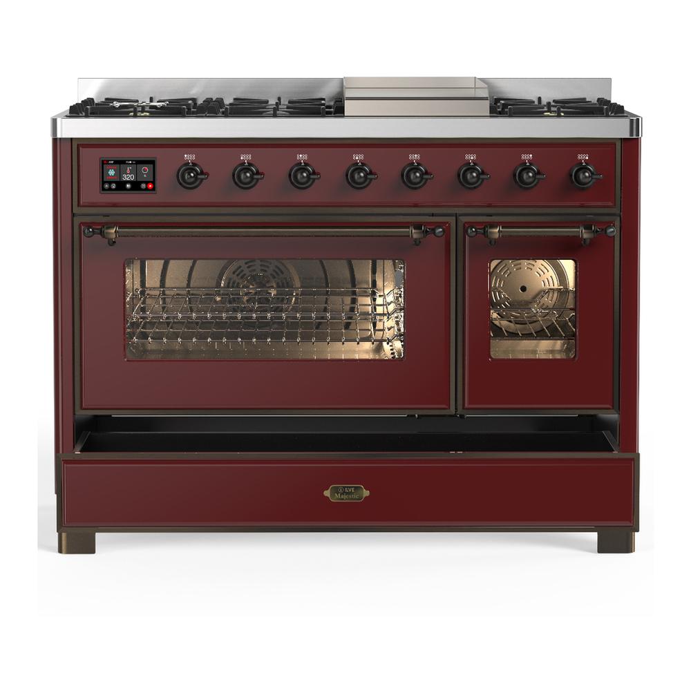ILVE UM48FNR3BUB Majestic III 48 inch Dual Fuel Range with 8 Burners and Griddle, Dual Function Burner up to 25,000 BTU (Natural Gas, Triple Glass Door, Burgundy, Burnished)