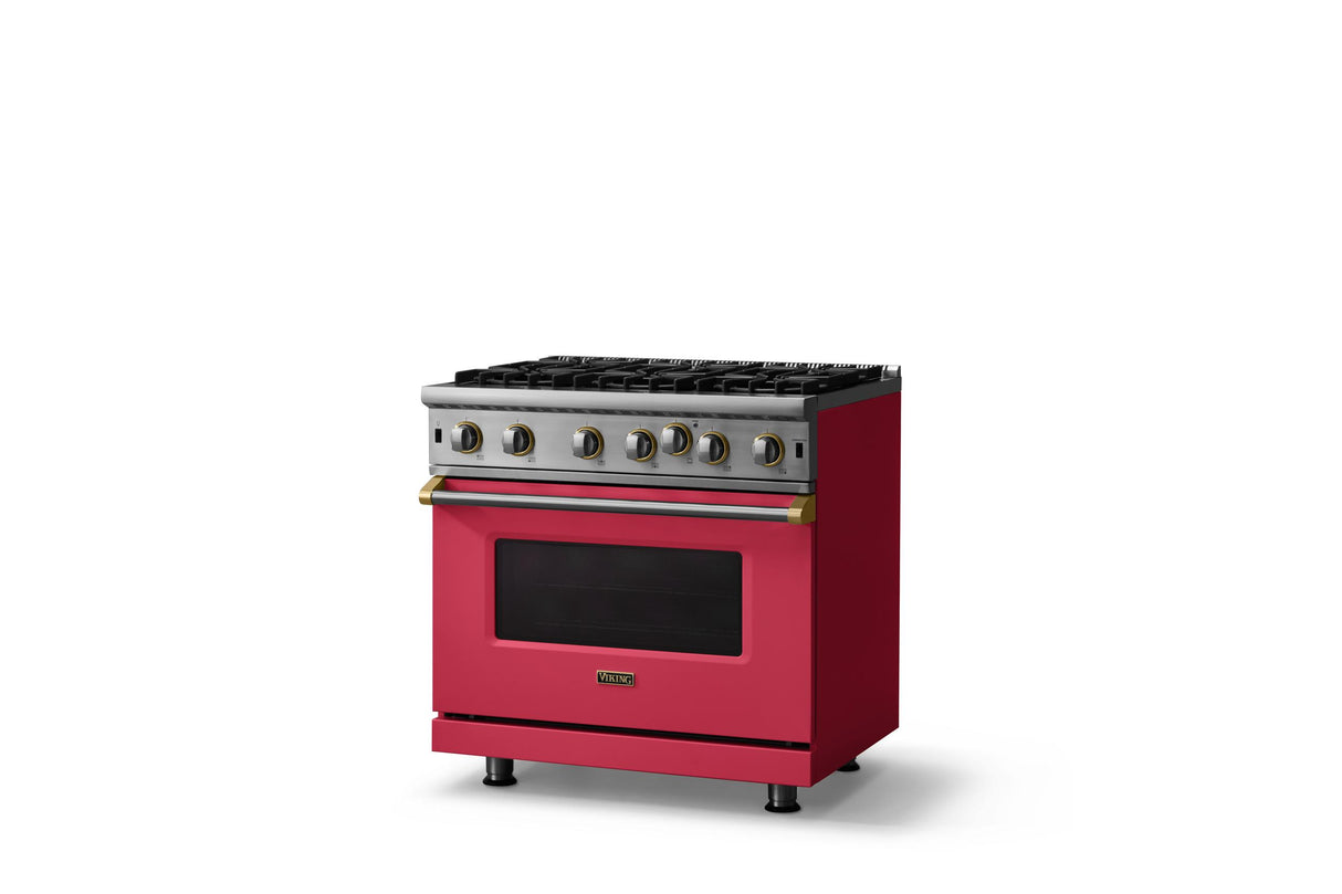 36"W. Open Burner Gas Range (Finish: Valentine, Trim: Brushed Brass, Fuel: Natural Gas)