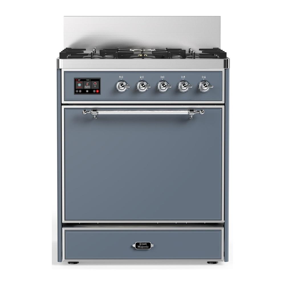 ILVE UM30QNR3BGCLP Majestic III 30 inch Dual Fuel Range with 5 Black Brass Burners, Dual Function Burner up to 25,000 BTU (Liquid Propane, Solid Door, Blue Grey, Chrome)