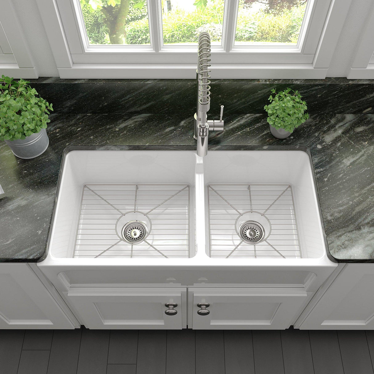 ZLINE 36" Palermo Farmhouse Apron Front Double Bowl Reversible Fireclay Kitchen Sink with Bottom Grid (FRC5121)