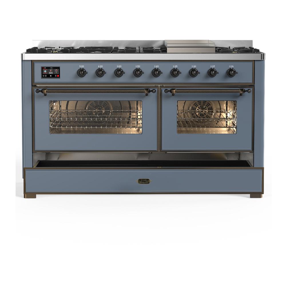 ILVE UM60FNR3BGBLP Majestic III 60 inch Dual Fuel Range with 9 Burners and Griddle, Dual Function Burner up to 25,000 BTU (Liquid Propane, Triple Glass Door, Blue Grey, Burnished)