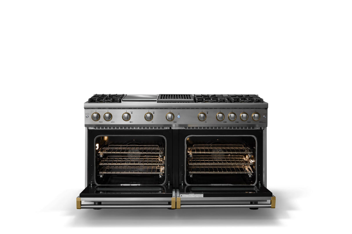 60"W. Sealed Burner Gas Range (Finish: Stainless Steel, Trim: Brushed Brass, Fuel: Propane)