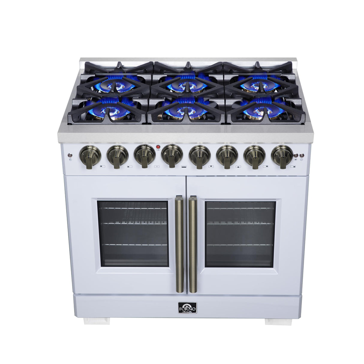 Forno Capriasca 36 Inch Freestanding French Door Dual Fuel Range in White with Antique Brass Accessories, 6 Burners, True Convection Oven