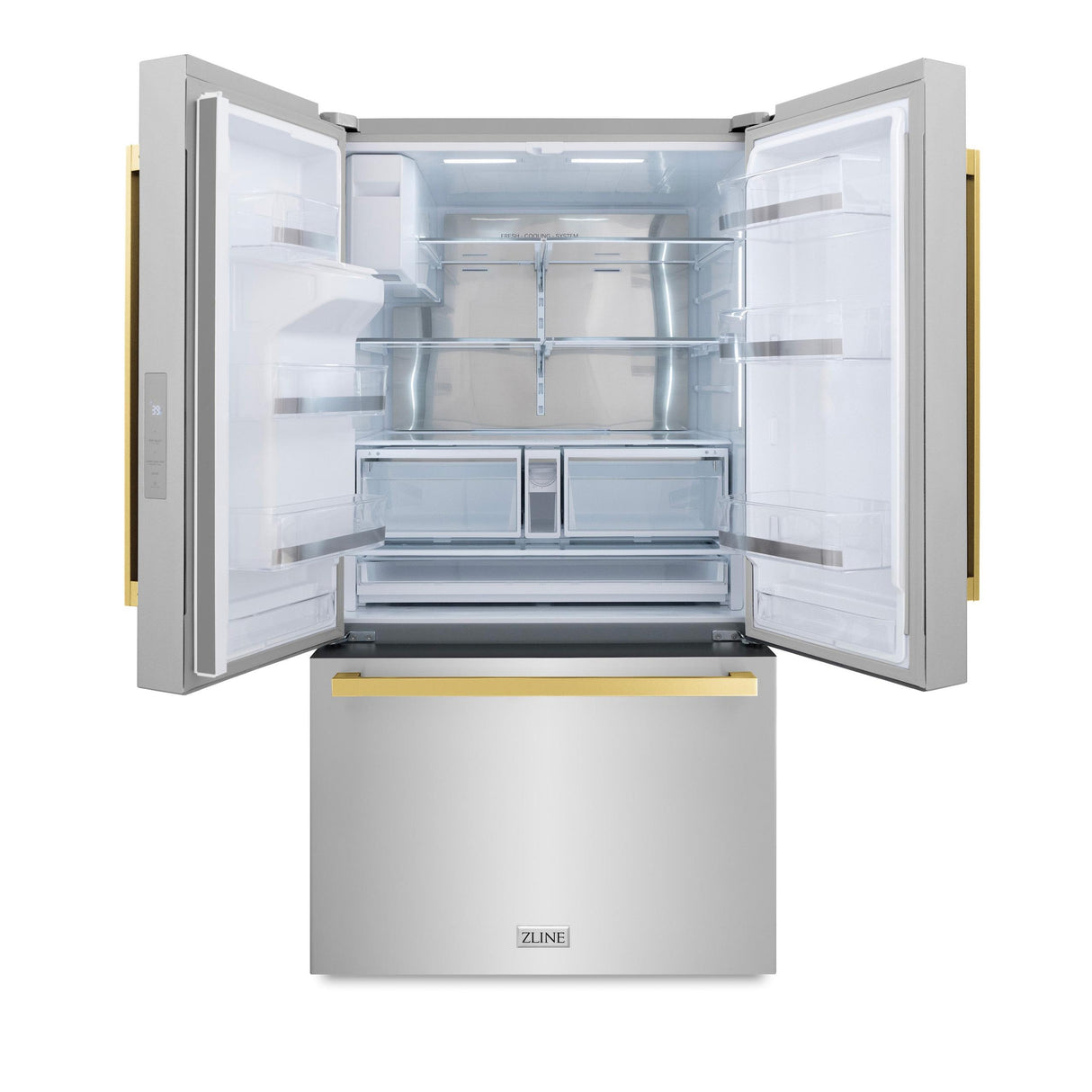 ZLINE Autograph Edition 36 in. 28.9 cu. ft. Standard-Depth French Door External Water Dispenser Refrigerator with Dual Ice Maker in Fingerprint Resistant Stainless Steel and Polished Gold Modern Handles (RSMZ-W-36-FG)