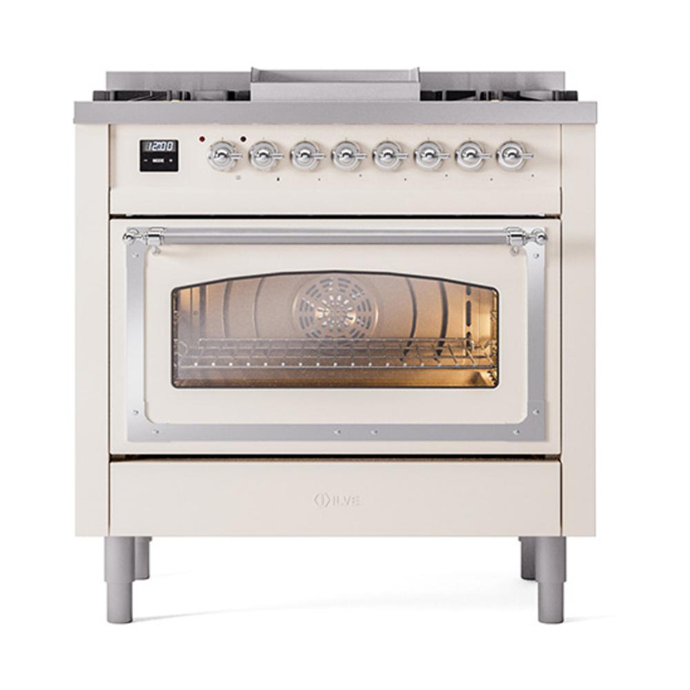 ILVE UN36FNMPAWCLP Nostalgie II Noblesse 36 inch Dual Fuel Range (Liquid Propane, Triple Glass Door, Antique White, Chrome)