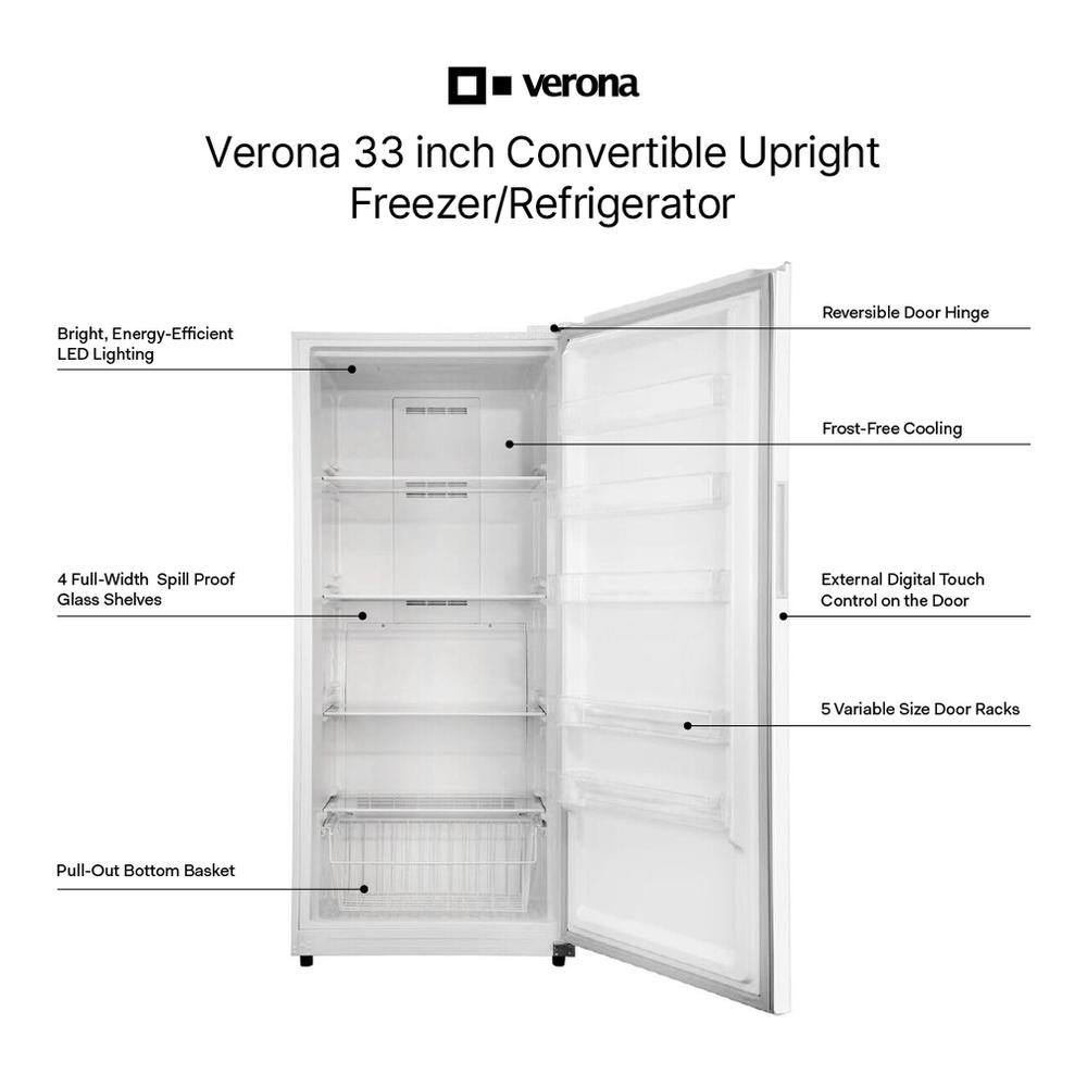 Verona VEFCF3320WH 33 inch Convertible Upright Freezer/Refrigerator with 20.2 cu. ft. Capacity, Exterior Control Panel, Garage Ready, Energy Star (White)
