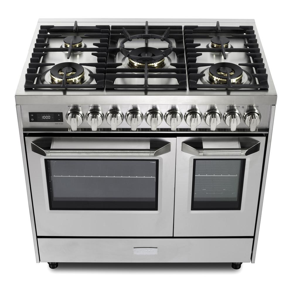 Verona VUFSGE365DSS 36 inch Ultima Collection Double Oven Dual Fuel Range with 5 Brass Burners, 4.1 cu. ft. Total Oven Capacity