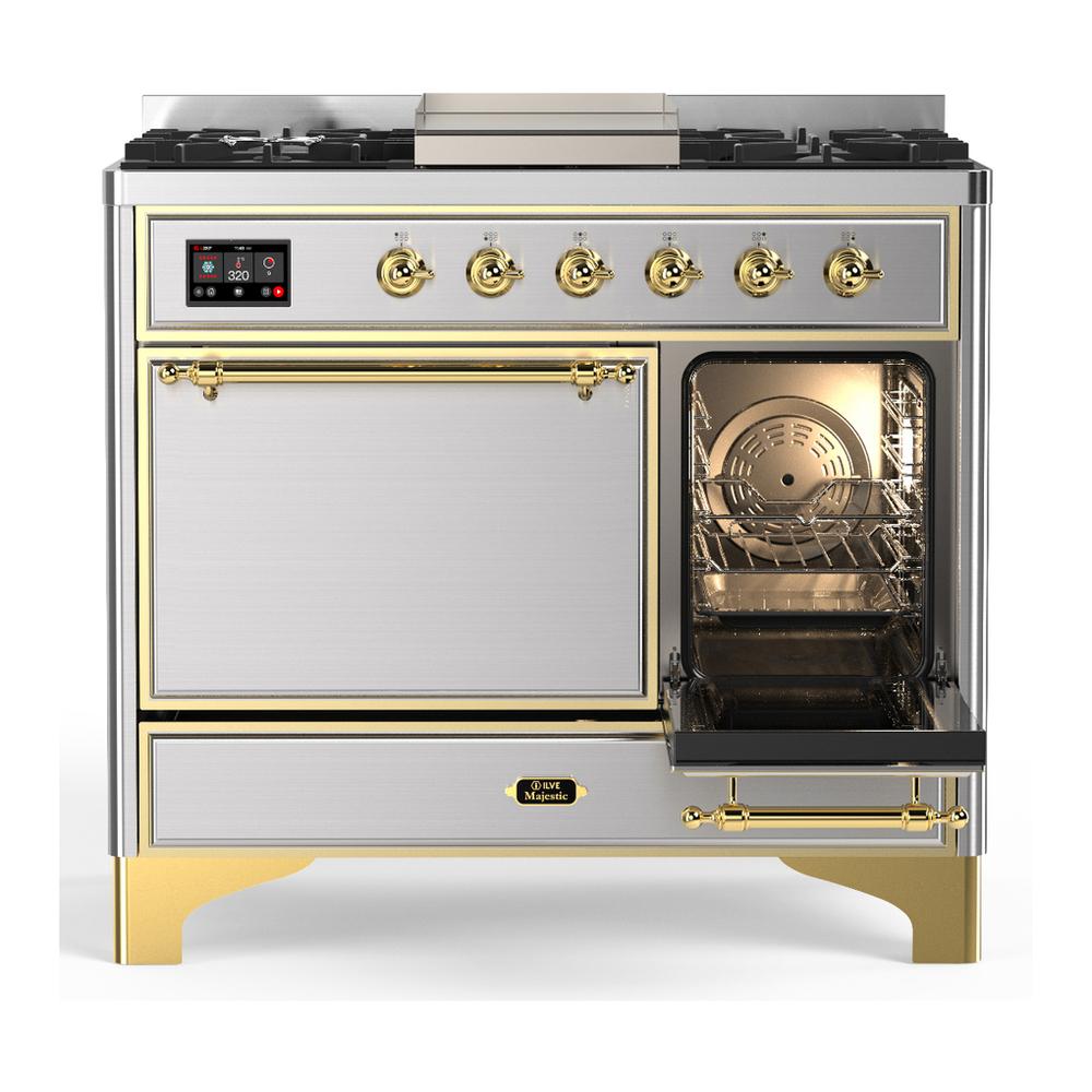 ILVE UMD40FQNR3SSG Majestic III 40 inch Dual Fuel Range with 6 Burners and Griddle, Dual Function Burner up to 25,000 BTU (Natural Gas, Solid Door, Stainless Steel, Brass)