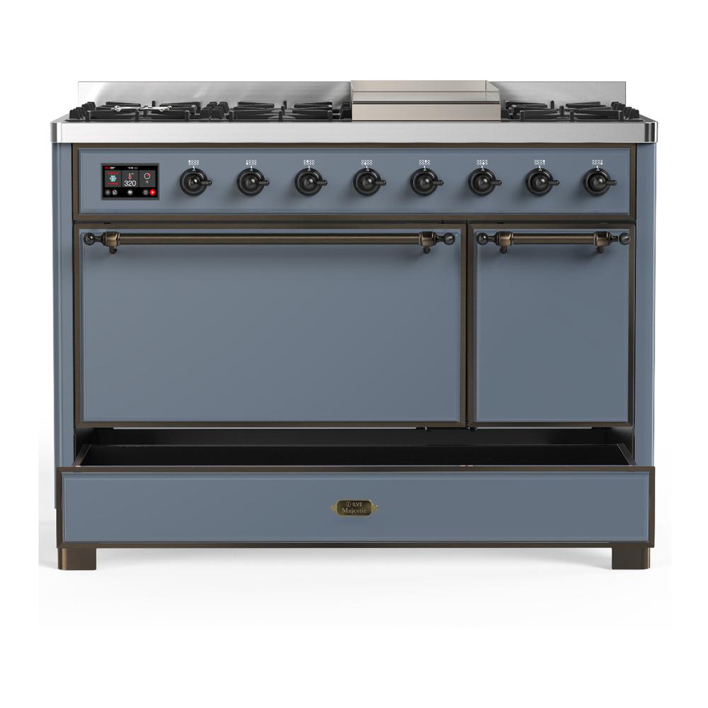 ILVE UM48FQNR3BGB Majestic III 48 inch Dual Fuel Range with 8 Burners and Griddle, Dual Function Burner up to 25,000 BTU (Natural Gas, Solid Door, Blue Grey, Burnished)