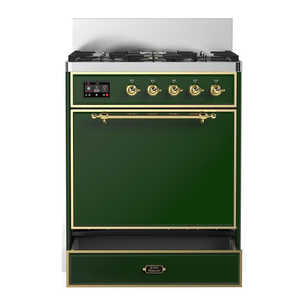 ILVE UM30QNR3EGG Majestic III 30 inch Dual Fuel Range with 5 Black Brass Burners, Dual Function Burner up to 25,000 BTU (Natural Gas, Solid Door, Emerald Green, Brass)