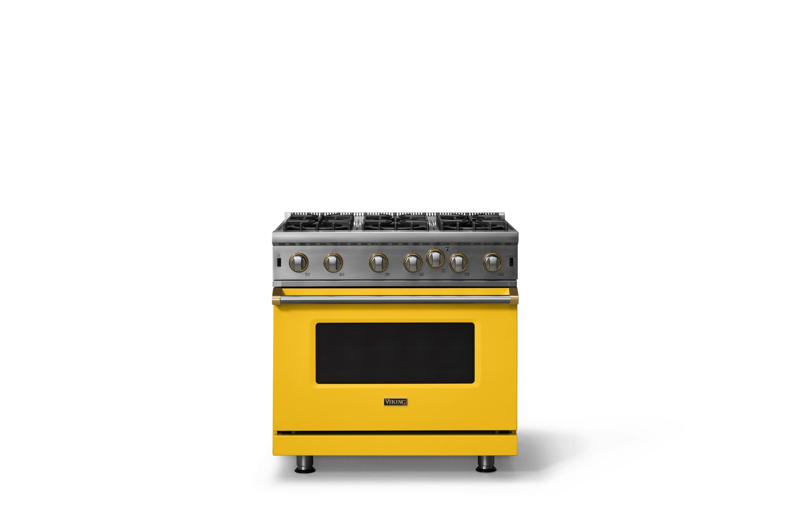 36"W. Open Burner Gas Range (Finish: Daffodil, Trim: Brushed Brass, Fuel: Propane)