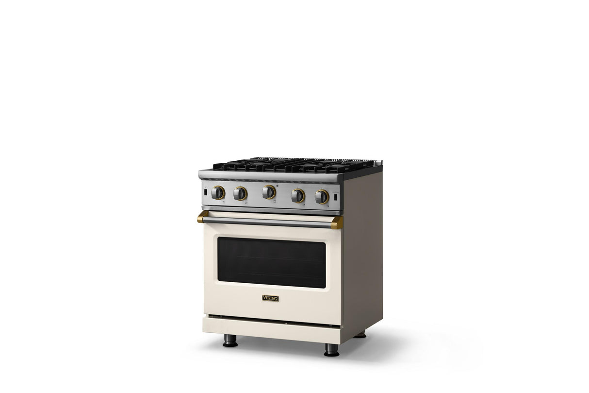 30"W. Open Burner Gas Range (Finish: Pure White, Trim: Brushed Brass, Fuel: Natural Gas)