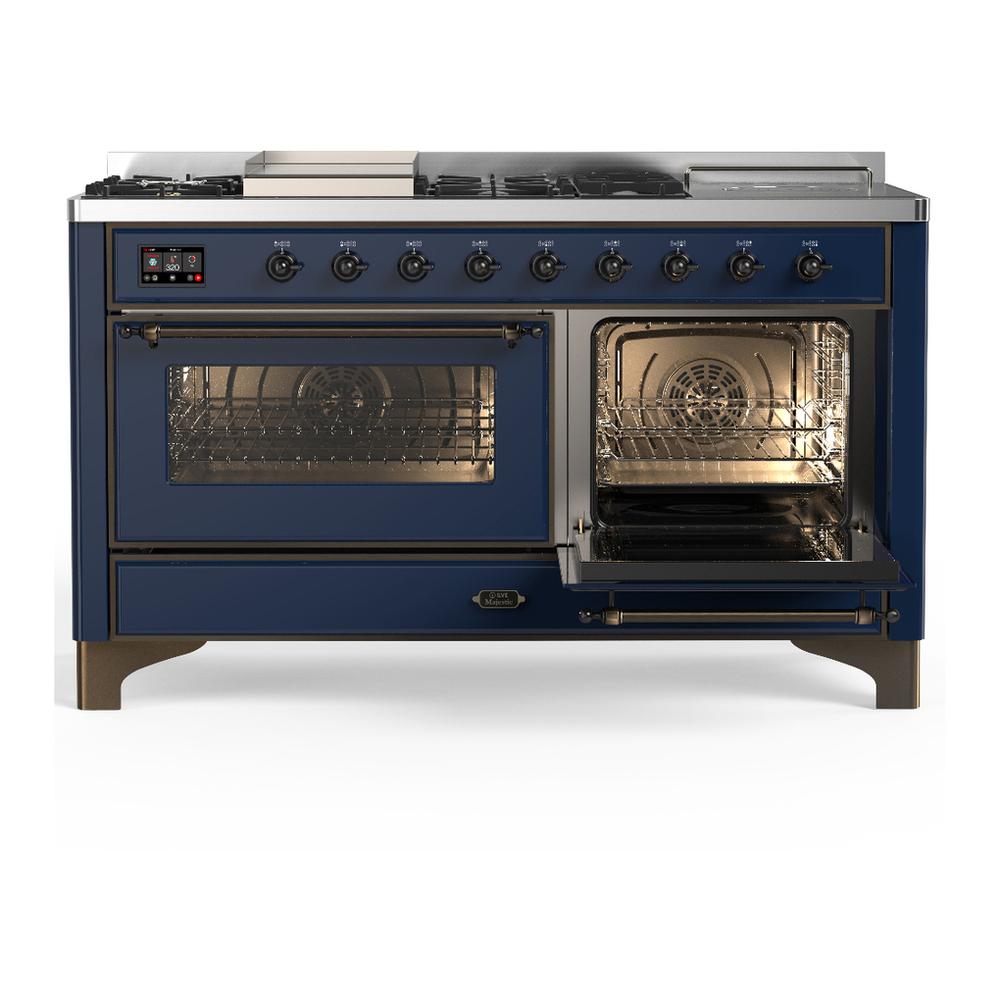 ILVE UM60FSNR3MBBLP Majestic III 60 inch Dual Fuel Range with 7 Burners, Griddle and French Top, Dual Function Burner with up to 25,000 BTU (Liquid Propane, Triple Glass Door, Midnight Blue, Burnished)