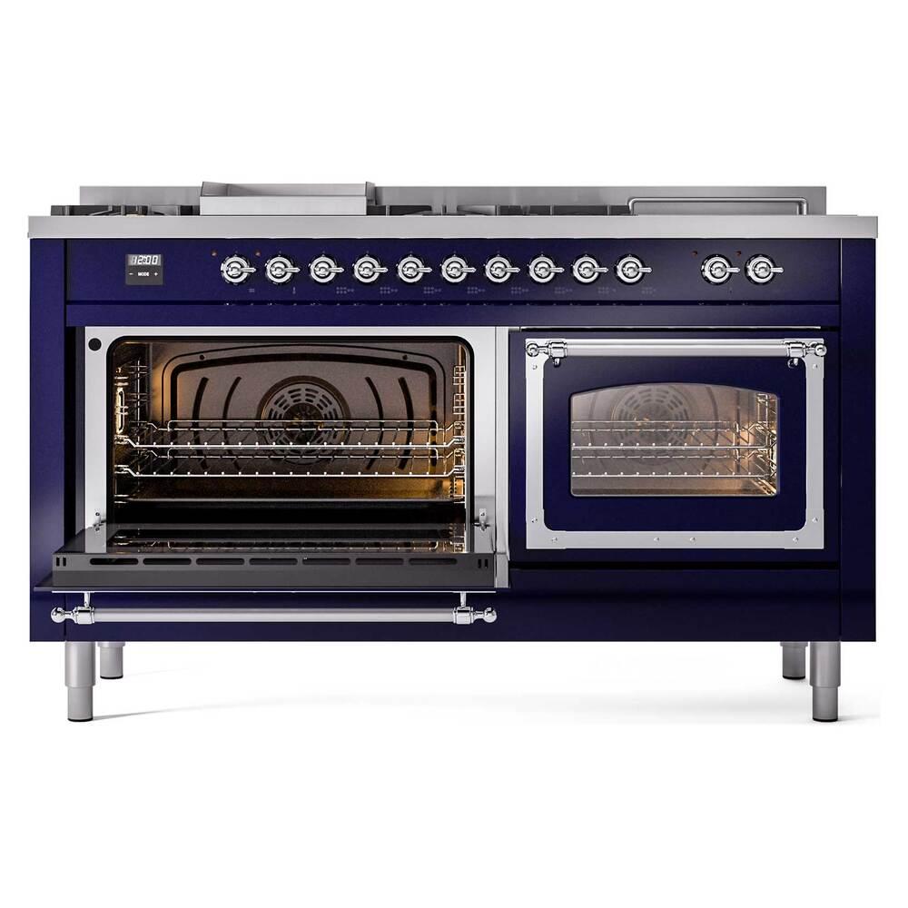 ILVE UN60FSNMPMBCLP Nostalgie II Noblesse 60 inch Dual Fuel Range (7 Sealed Burners + Griddle + French Top, Liquid Propane, Triple Glass Door, Midnight Blue, Chrome)