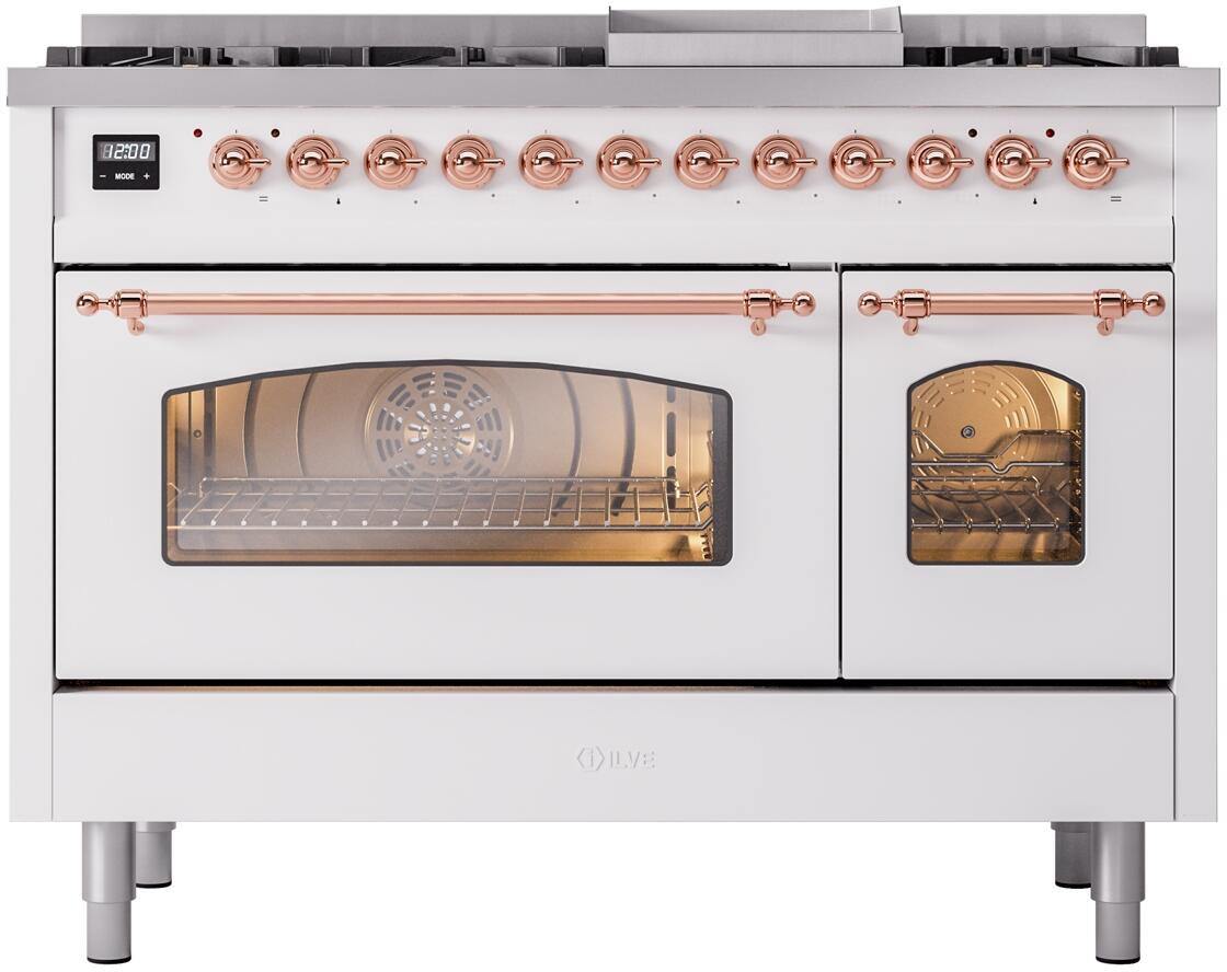 Nostalgie II 48 Inch Dual Fuel Natural Gas Freestanding Range in White with Copper Trim
