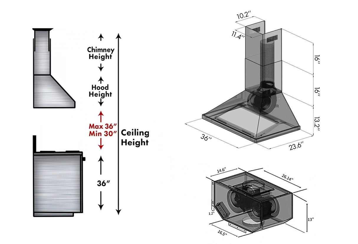 ZLINE 696 Wall Mount Range Hood - Remote Blower (696-RD-36)
