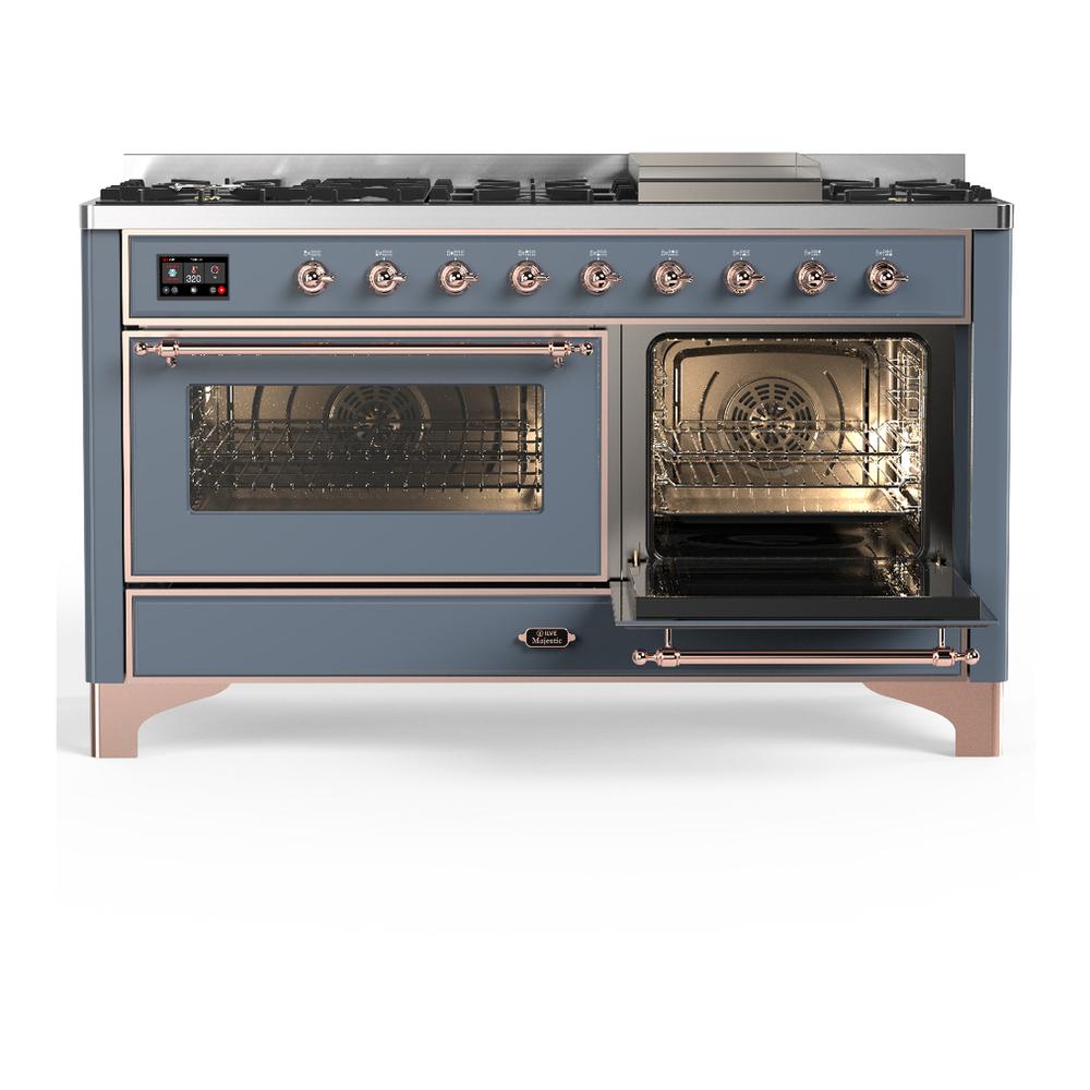 ILVE UM60FNR3BGPLP Majestic III 60 inch Dual Fuel Range with 9 Burners and Griddle, Dual Function Burner up to 25,000 BTU (Liquid Propane, Triple Glass Door, Blue Grey, Copper)