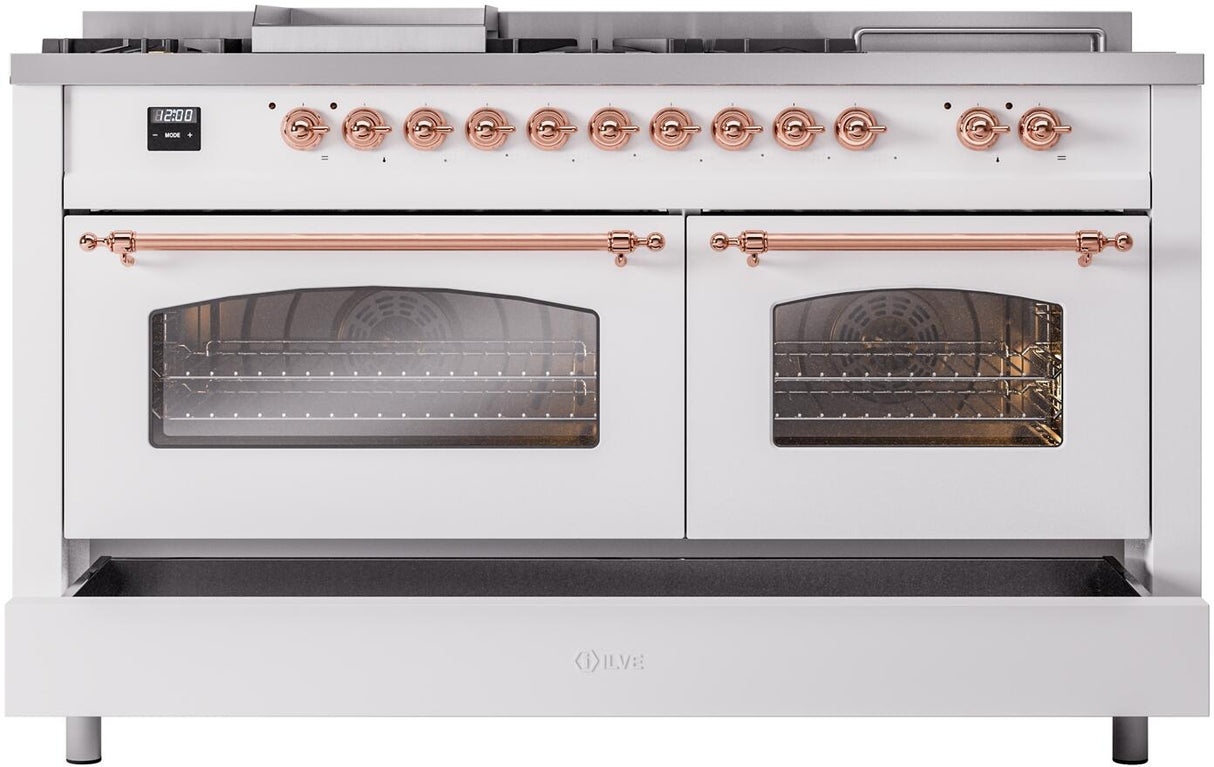 Nostalgie II 60 Inch Dual Fuel Natural Gas Freestanding Range in White with Copper Trim