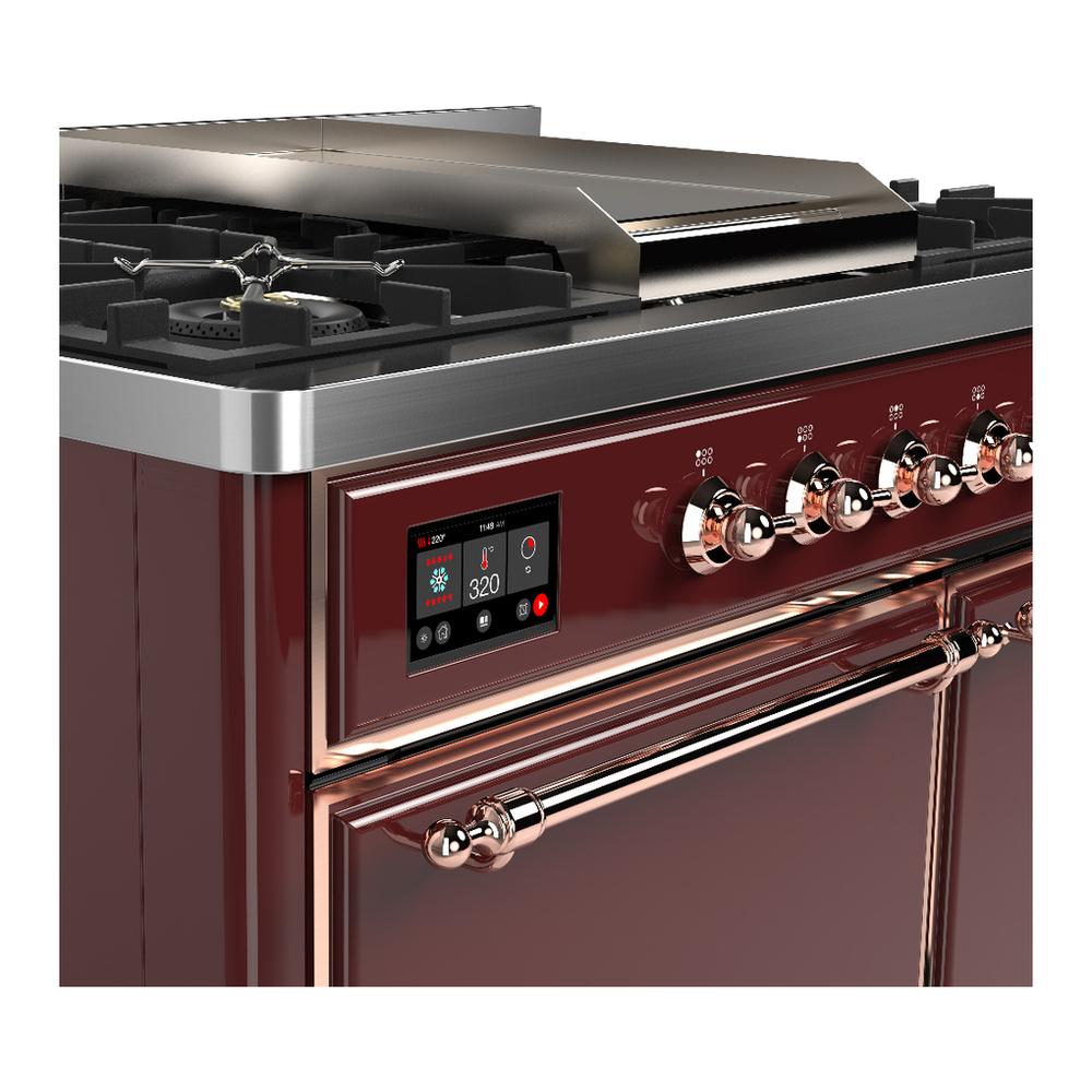 ILVE UMD40FQNR3BUPLP Majestic III 40 inch Dual Fuel Range with 6 Burners and Griddle, Dual Function Burner up to 25,000 BTU (Liquid Propane, Solid Door, Burgundy, Copper)