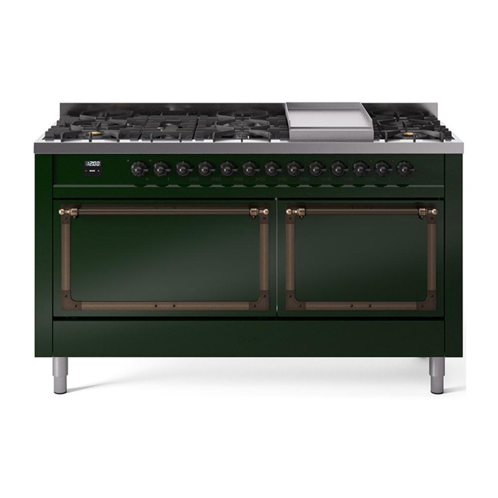 ILVE UN60FQNMPEGB Nostalgie II Noblesse 60 inch Dual Fuel Range (9 Sealed Burners + Griddle, Natural Gas, Solid Door, Emerald Green, Burnished)
