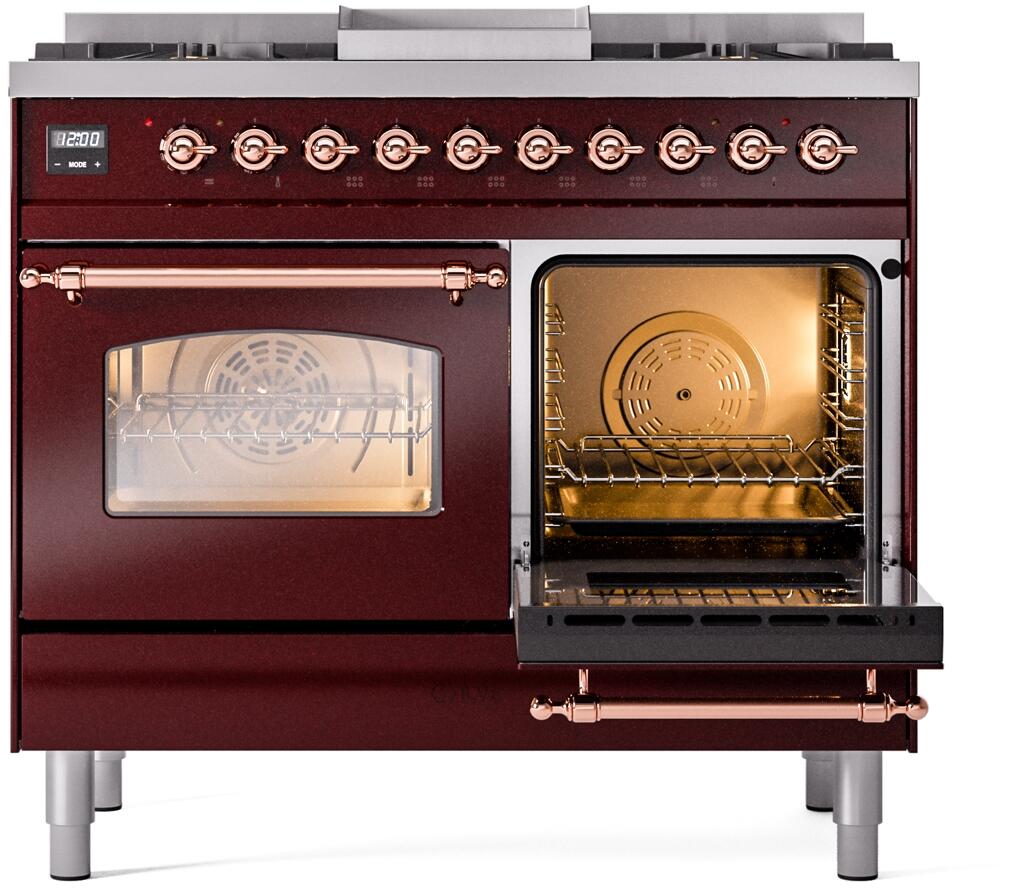 Nostalgie II 40 Inch Dual Fuel Natural Gas Freestanding Range in Burgundy with Copper Trim