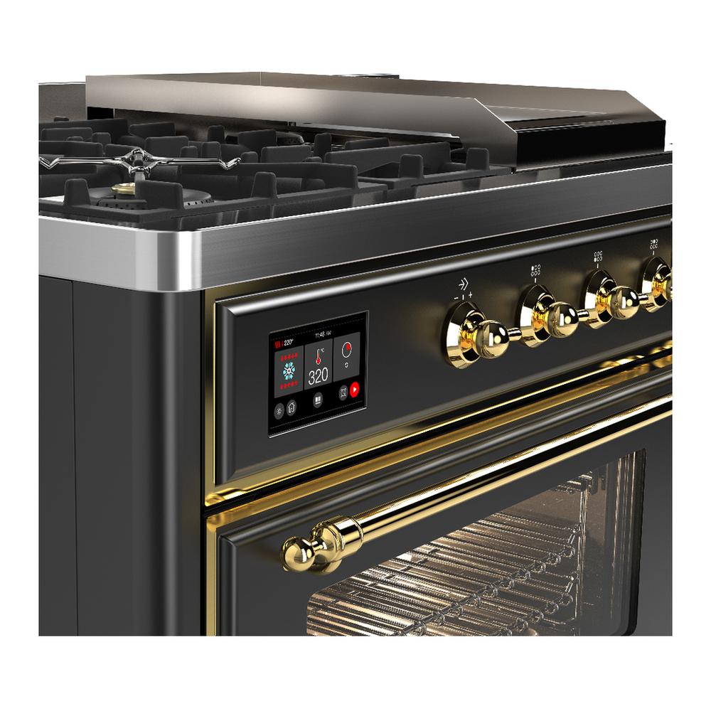 ILVE UM48FSNR3MGG Majestic III 48 inch Dual Fuel Range with 5 Black Brass Burners, Griddle and French Top, Dual Function Burner up to 25,000 BTU (Natural Gas, Triple Glass Door, Graphite Matte, Brass)