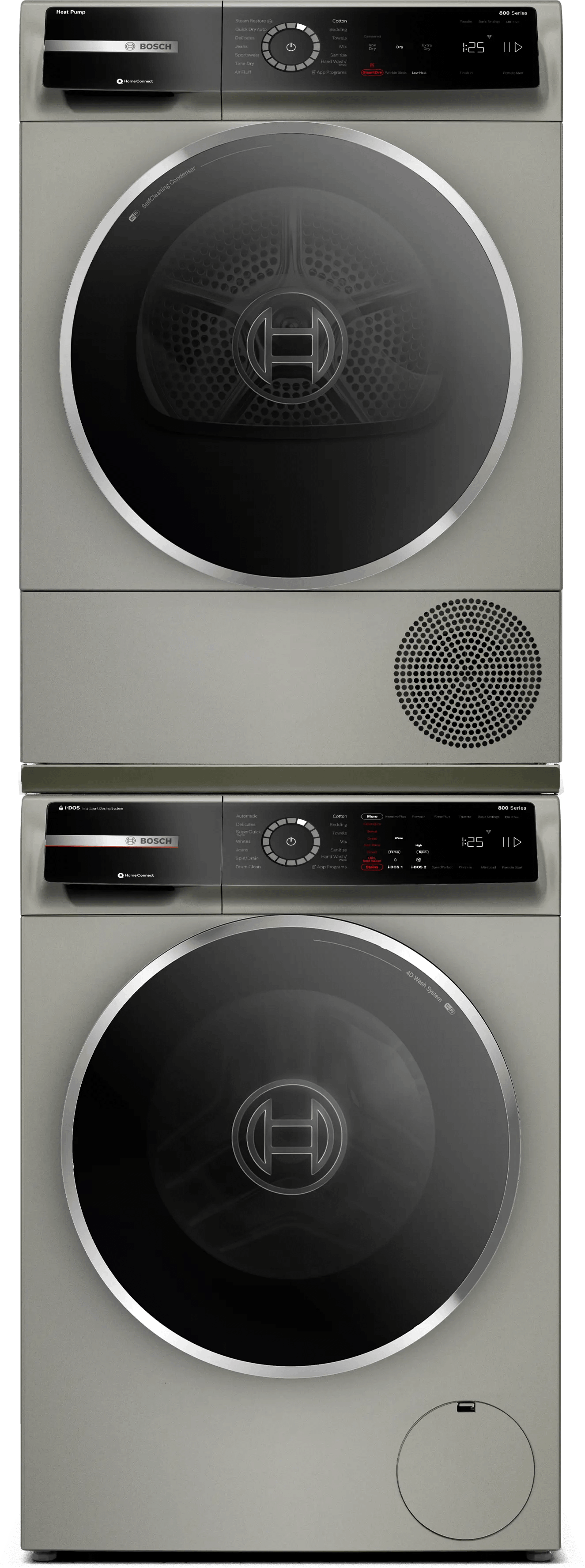 Bosch Stacked Front Load Washer & Electric Dryer Set with Stacking Kit - Pearl Steel