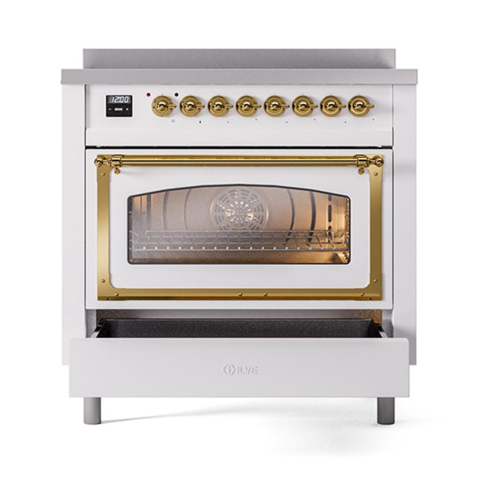 ILVE UNI366NMPWHG Nostalgie II Noblesse 36 inch Induction Range (Triple Glass Door, White, Brass)