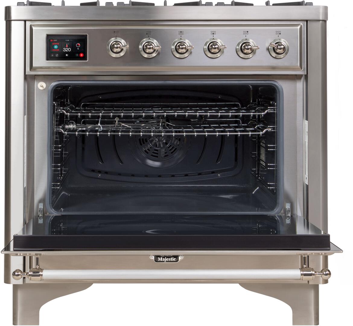 Majestic II 36 Inch Dual Fuel Natural Gas Freestanding Range in Stainless Steel with Chrome Trim