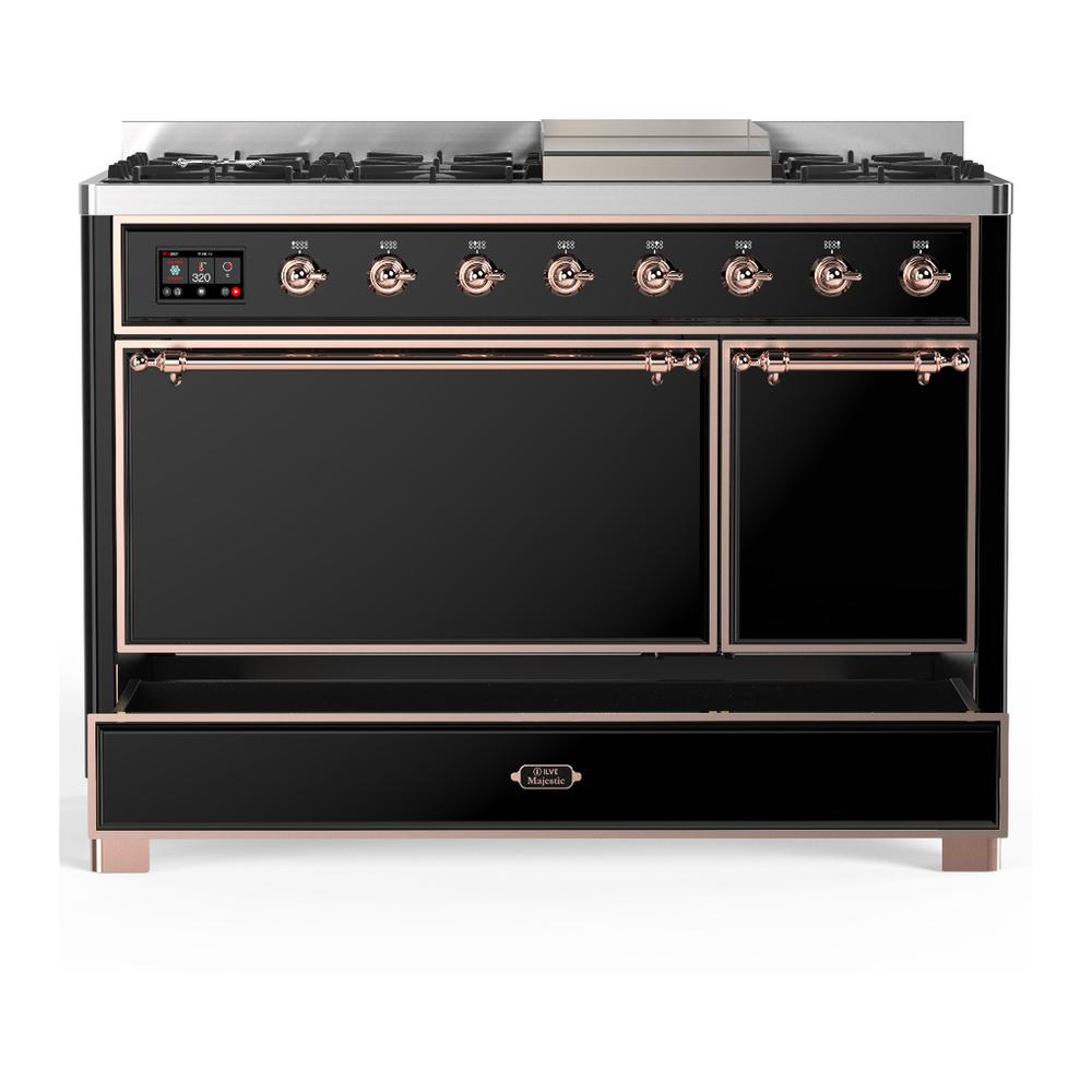 ILVE UM48FQNR3BKP Majestic III 48 inch Dual Fuel Range with 8 Burners and Griddle, Dual Function Burner up to 25,000 BTU (Natural Gas, Solid Door, Glossy Black, Copper)