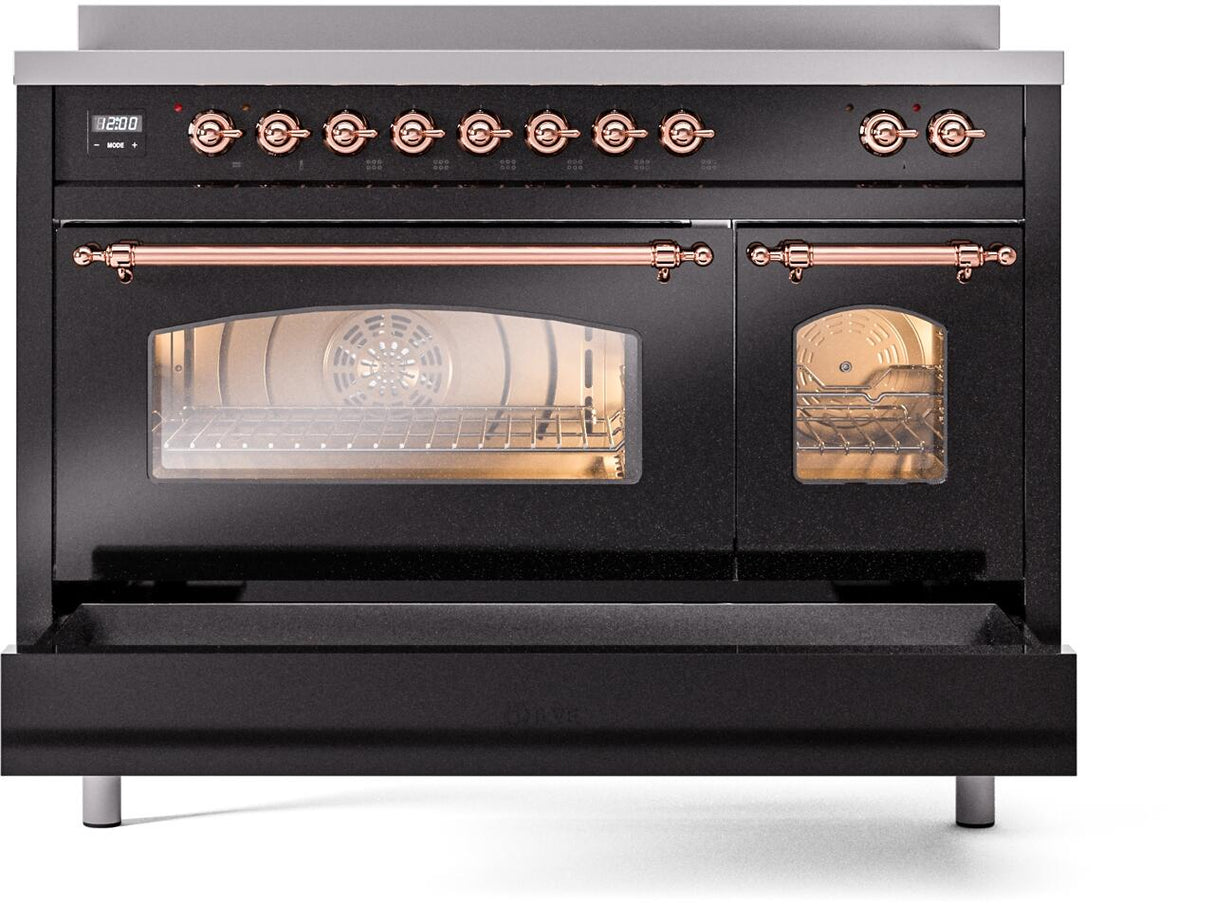 Nostalgie II 48 Inch Electric Freestanding Range in Glossy Black with Copper Trim